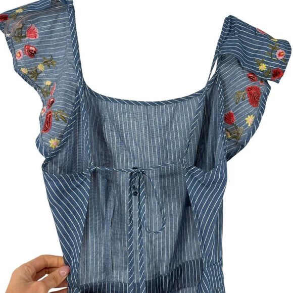 Wide Leg Jumpsuit L Blue Pin Striped Floral Embroidered Ruffle San Joy Open Back - Picture 7 of 11